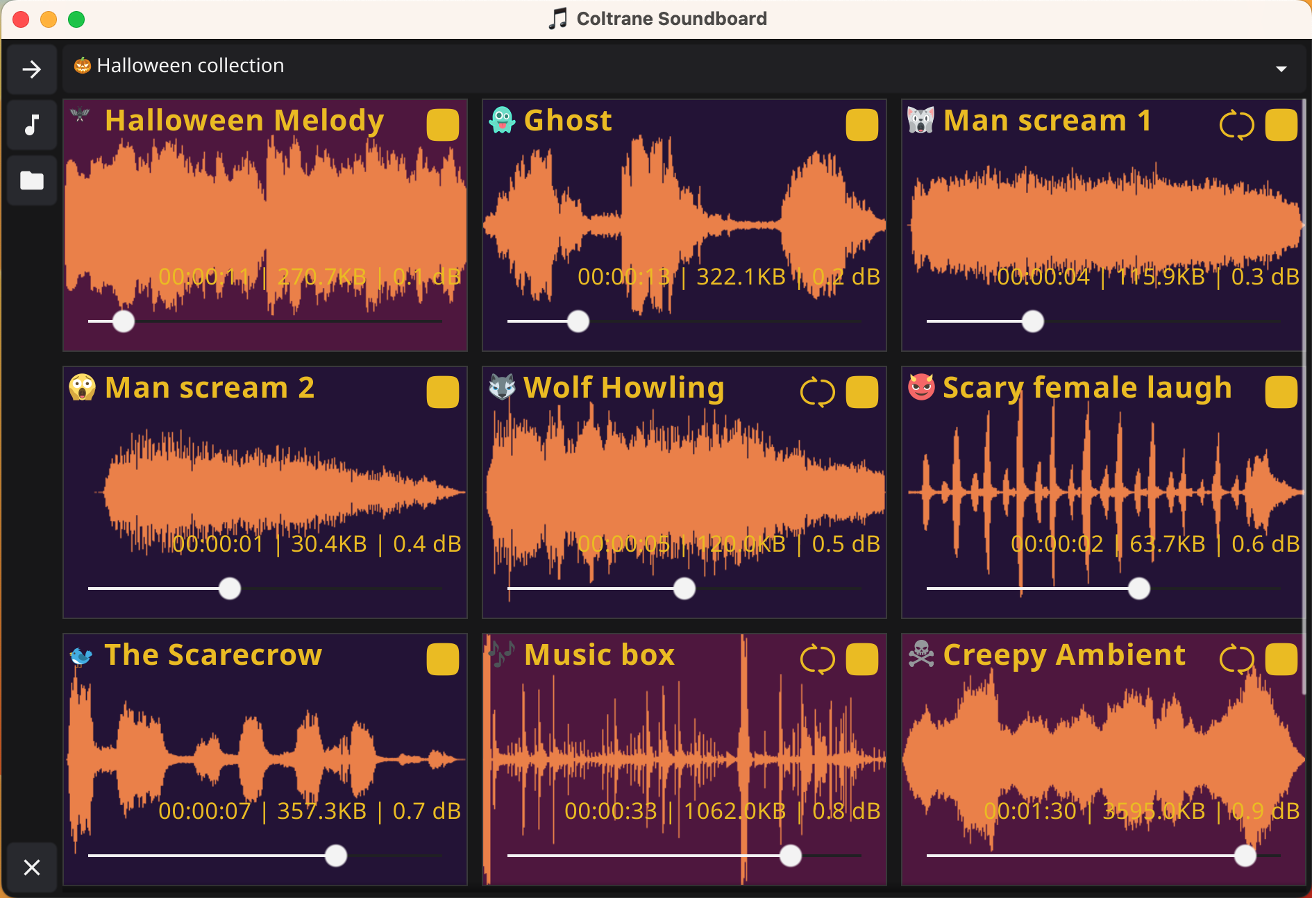 Coltrane Soundboard main window showing sound panels with sidebar navigation